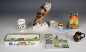 Spode / Copeland ceramics including a pastille burner in the form of a house, Chinoiserie tile,