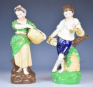 A pair of 19thC figures of a girl with fruit basket and a boy with wheat, probably Russian circa
