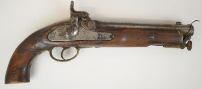 Sea Service or Coastguard percussion hammer action pistol with brass trigger guard, butt plate and