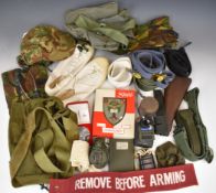 Collection of militaria including Rhodesian Army reversible cap, webbing, belts, compass, gaiters,