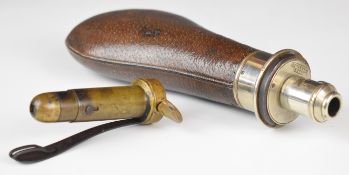 G & J W Hawksley powder flask with leather covered body and a James Dixon & Sons pinfire capper/