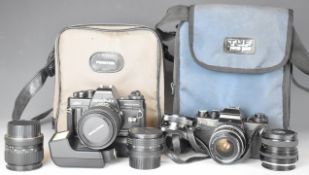 Two 35mm SLR cameras comprising Voigtlander VSL 3-E with 1.8/50, Distagon 2.8/35 and Sigma 1:2.8 f=
