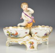 Berlin porcelain footed figural double sweetmeat dish decorated with insects and birds, height 12cm
