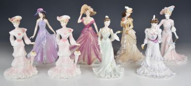 Eight Coalport figurines, five from the Belle Epoque series including two Alice, Helena, Riding in
