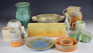 Collection of Beswick retro / Art Deco and drip glazed ceramic jugs vases, wall pocket, jardinière