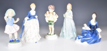 Five Royal Doulton and Worcester figurines including Sweet Anne, Rosalind and All Mine, tallest