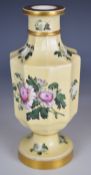Spode pedestal vase of decagon form with enamelled flower decoration and Worlock Collection label to