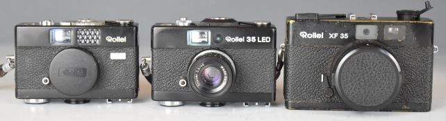 Three Rollei 35mm film cameras comprising 35 LED with Triotar 3.5/40 lens, B35 with 3.5/40 lens
