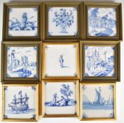 Nine 18thC Delft tiles with decoration including shipping, figural and religious, all framed, 16 x