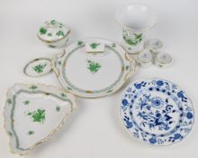 Herend porcelain decorated in the Chinese bouquet pattern and a Meissen plate, tallest 16cm