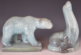 Beswick blue ware Polar bear and sealion, model 383, tallest 28cm