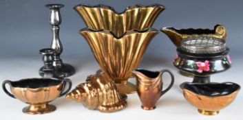 Beswick copper and pewter lustre ware including vases, candlesticks etc, tallest 26cm