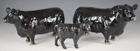 Beswick Aberdeen Angus bull, cow and calf figures, two with Aberdeen Angus Society backstamps