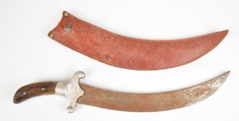 Eastern knife with alloy crosspiece, 25cm curved blade and leather sheath. PLEASE NOTE ALL BLADED