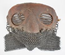 WW1 Tank Corps crewman's anti-splinter face mask of leather covered steel construction with cut