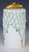 Copeland sardine dish of canister form, with net and fish decoration in relief, height 18cm
