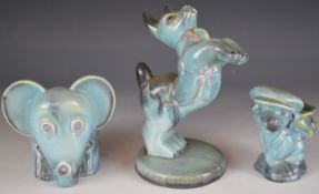 Three Beswick blue ware novelty figures including dog 324, dog golfer 624 and comical elephant,