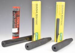 Three air rifle sound moderators comprising two Diana and one Logun, all in original tubes.
