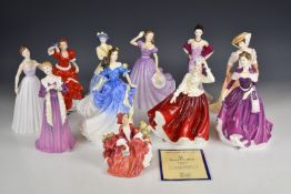 Eight Royal Doulton figurines including Samantha, Lydia, The Open Road, Bells Across the Valley etc,