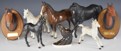 Beswick horses and wall plaques including Welsh Mountain Pony, brown Hackney, Red Rum, Troy, Black