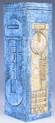 Troika pottery rectangular vase with carved and incised decoration in colours against a blue ground,