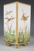 Victorian or similar glass vase of square form raised on four ball feet, hand decorated with ducks