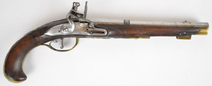 Flintlock duelling pistol with brass trigger guard, butt plate, wrist cartouche and mounts, carved