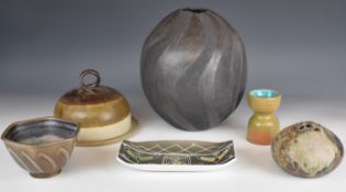 Large studio pottery spherical vase with textured spiral decoration, Glyn Colledge for Denby dish,