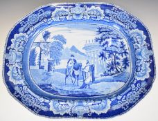 19thC transfer printed blue and white large meat platter with well, decorated with Chinese lady