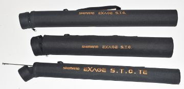 Three Shimano travel fishing rods comprising Exage Tele Spin 240m-, Boat 240MH and Boat 2030, all