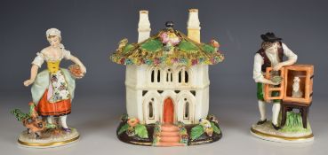 Two Sitzendorf figures feeding a rabbit and chickens and a 19thC pastille burner, tallest 14cm