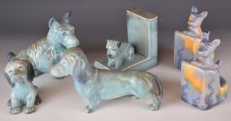 Beswick blue ware dog figures and bookends including Scottie and dachshund dogs, tallest 16cm