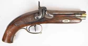 Unnamed percussion hammer action double barrelled over and under howdah pistol with engraved lock,