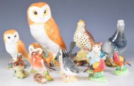 Beswick bird and Beatrix Potter figures including thrush, owls, pigeon etc, tallest 18cm