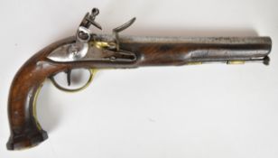 French flintlock pistol with indistinctly named lock, brass trigger guard, butt plate and mounts,