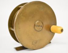 Hardy 19th/20thC brass salmon fly fishing reel with ivory handle and impressed marks, diameter 9.4cm
