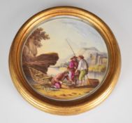 Spode and Copeland framed circular plaque decorated with fisherman landing their catch including a