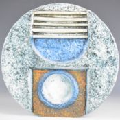 Troika pottery wheel vase with carved and incised decoration, blue, cream and rust glaze, Troika