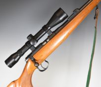 BRNO Model 2-E-H .22 bolt-action rifle with chequered semi-pistol grip and forend, leather sling,