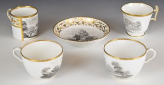 Four Spode bat print teacups / coffee cans and a saucer, some with Worlock Collection label to base