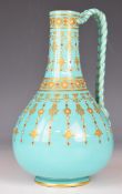 Copeland pedestal ewer with rope twist handle and enamelled and gilt decoration, height 23cm