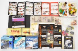 Fly fishing lines, flies and boxes including wet and dry flies, nymphs etc