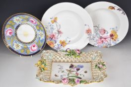 19thC Coalport basket decorated with flora and fauna in relief, with old staple restoration, 19thC