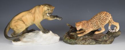 Beswick Connoisseur Collection cheetah on a rock and puma on a rock, tallest 20cm