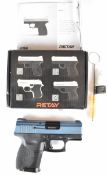 Retay P114 9mm blank firing pistol with textured grips, multi-shot magazine and fixed sights, serial