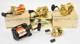 Five Shimano multiplier fishing reels including two TLD two speed 30 Calcutta 200XT, TE Total