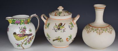 Copeland / Spode twin handled potpourri, pedestal vase and a jug with bird decoration, all with