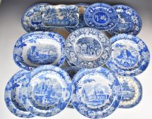 Collection of 19thC transfer printed blue and white ware including some rarer patterns by