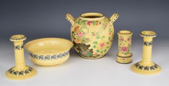 Spode Cane Ware pair of candlesticks, pedestal dish, potpourri and a spill vase, with Worlock