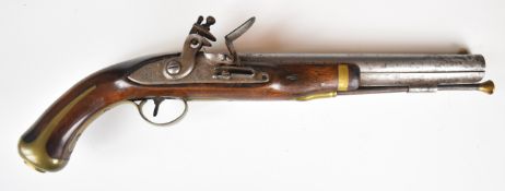 American flintlock pistol with lock stamped 'Harpers Ferry 1807 US', brass trigger guard, butt plate